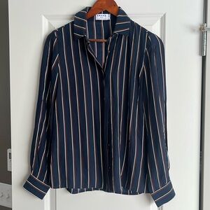 Frame Denim 100% Silk Charmeuse Navy Burgundy Striped Button Down Shirt Size XS
